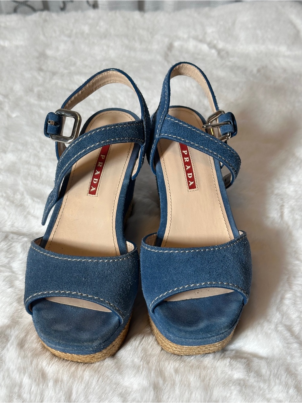 Prada Navy Blue Suede Platform Sandals with Ankle Strap Size 5